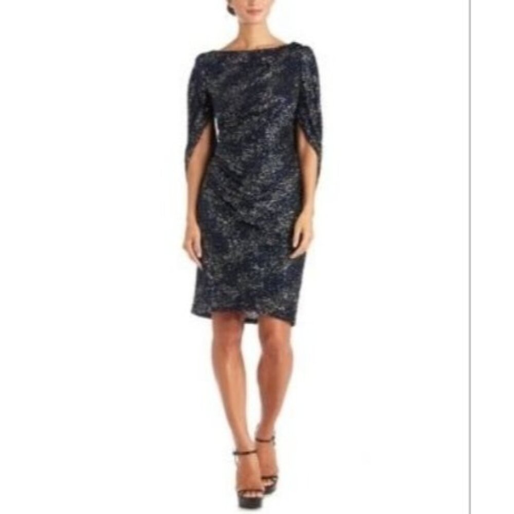R & M Richards NYC Womens 6 Drape Back Blue / Silver V Back Sequin Dress NWT - Picture 1 of 14